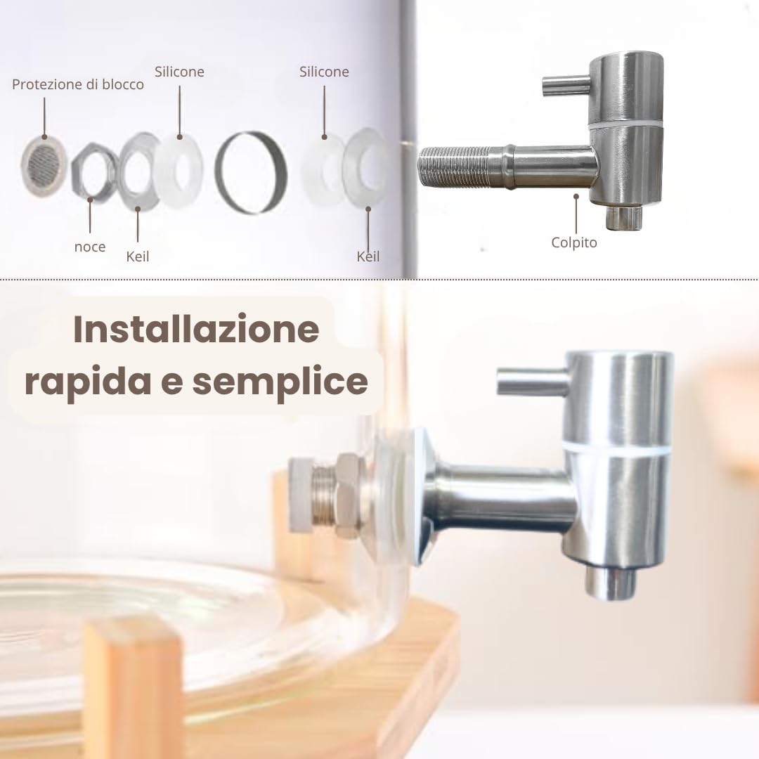 Dispenser di bevande in vetro con rubinetto, pietre terapeutiche, coperchio e supporto in legno di bambù, incluso filtro per miscelazione interna, 5 litri
