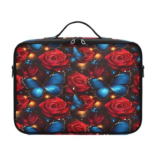 zyrtty Travel Makeup Train Case Blue Butterfly Red Rose Pattern Cosmetic Organizer Portable Storage Bag with Adjustable Dividers for Cosmetics Brushes Toiletry Jewelry Digital Accessories