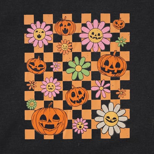 Image of Girls Halloween Shirt Pumpkin Flower Face Checkered T-Shirt Kids Crewneck Short Sleeve Spooky Season Gift Tee Tops(Black,11-12 Years)