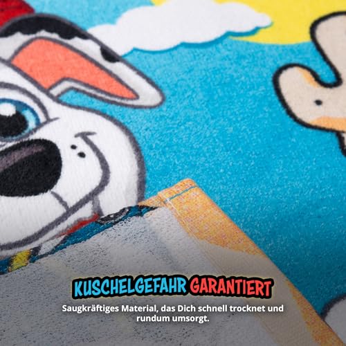 United Labels Paw Patrol Badeponcho für Jungen, Blau, Marshall, 50 x 100 cm, 100% Baumwolle, Kinder Badehandtuch mit Kapuze, Handtuch Poncho