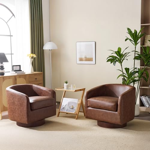 VINGLI 360°Swivel Accent Chairs Set of 2 with Engineered Wood Base and Removable Cushion for Living Room, Bedroom, Curved Back Barrel Chairs for Small Space, Upholstered Bucket Armchairs, Pu-Brown