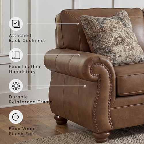 Image of Signature Design by Ashley Shadsburne Rustic Faux Leather Loveseat with Nailhead Trim and 2 Throw Pillows, Brown