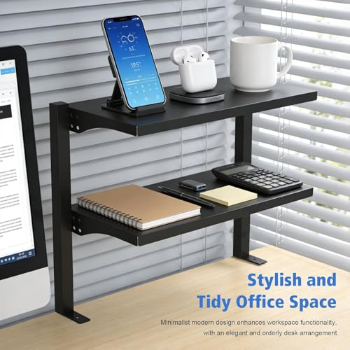 Image of 2-Tier Clamp-On Desk Shelf Organizer, Steel 16 in Shelf, Large | Heavy Duty, Expandable Above /Under Desk Storage Shelves, Desktop Extender Accessories for Office Study Room