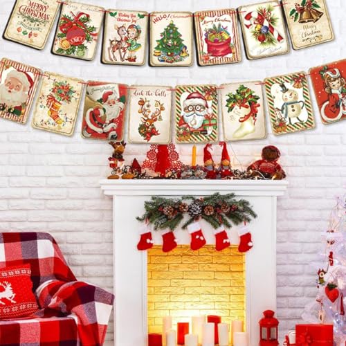 Image of HASTHIP Christmas Decorations Wall Hanging Vintage Christmas Banner Vintage Cartoon Print Hanging Banner for Door, Porch, Room, Window, Xmas Decorations Items