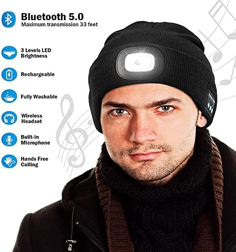 CUQOO Bluetooth Beanie Hat with Light & Built-in Speakers & Mic  Premium Warm Woolly Hat | Winter Knitted Cap with Headphones | Unisex Work Hat with USB Charging | Beany Hat for Men & Women