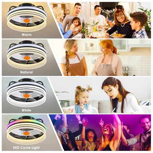 Image of Mpayel Flush Mount Ceiling Fan with Light, Small Low Profile Ceiling Fan,13 inch RGB Dimmable LED Bladeless Ceiling Fans, Modern Enclosed LED-RGB Ambient Light for Bedroom, Kids Room, Kitchen