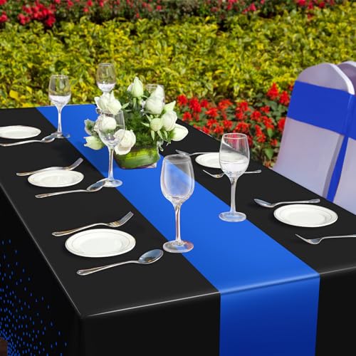 Image of MASHAN 12Pcs Black and Blue Tablecloth Party Decorations,Plastic Black Table Cloth Printed Blue Runner Disposable Rectangle Table Cover for Birthday Wedding Anniversary Graduation Party,54 x108 Inch
