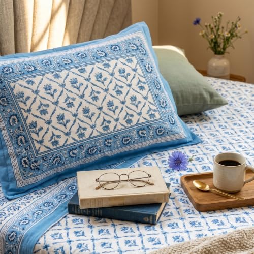 Image of Naksh Queen Size Bed Sheet Cotton | Dusty Blue Lattice Botanical Bedsheet with 2 Pillow Covers | Soft Breathable Blue Printed Bedding Set | Royal Sajawat Collection |