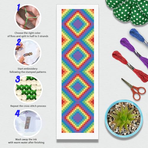 Image of BEUNITONE Cross Stitch Bookmark Kit 6 Pcs Rainbow DIY Bookmarks Cross Stitch Kits for Adults Beginners Love Heart Pre-Sorted Floss Cross-Stitch Stamped Embroidery Kit with Instruction 8''x2.4''