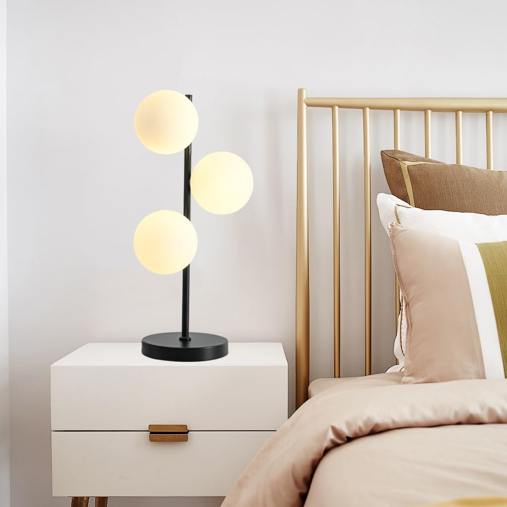 Black Globe Table Lamp Modern 3-Light Desk Light with Milk White Glass Shade Modern Nightstand Lamp for Bedroom Bedside End Table,G9 Bulb
