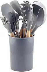 Conjunto de Utensílios de Cozinha, 12 Peças, Silicone e Madeira, Design Ergonômico, Antiderente e Resistente ao calor (Cinza)