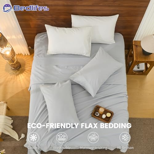 Image of Bedlifes 100% French Linen Queen Bed Sheet Set - 16 inch Deep Pocket, 4-Piece | Soft & Durable, Breathable & Cooling, Pure Flax Linen, OEKO-TEX Certified, Moisture-Wicking, Easy Care, Machine Washable