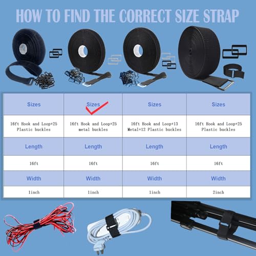 Image of 1 inch x 16ft Nylon Hook and Loop Straps with 25 Metal Buckles。Reusable Adjustable Strips Freely Cut-to-Length Straps for Organizer or Storage Straps Black