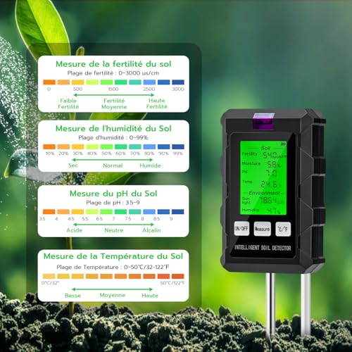 Wigearss Testeur de pH du Sol 6 en 1, Testeur pour Humidité/Fertilité/pH/Température/Lumière/Humidité Ambiante – Image 4
