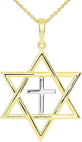 Collar con colgante de estrella judía de David de oro amarillo de 14 quilates con cruz religiosa Judeo cristiana