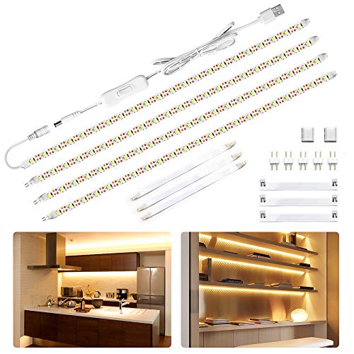 LED Under Cabinet Lighting Kit 6.5ft, USB 1100LM LED Ribbon Strip Lights Bars, Under Counter Lighting for Kitchen, Showcase,Closet, 120 LEDs, 2700K Warm White, 4PCS