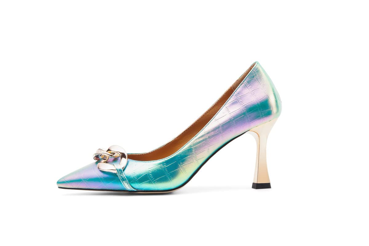 Zapatos de mujer de piel auténtica con puntera puntiaguda, tacón de aguja con tacón alto de 2.95 pulgadas, hechos a mano, zapatos de negocios para mujer, talla grande w9033s