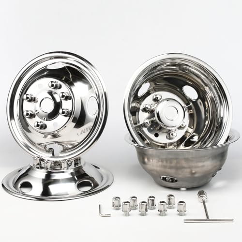 Image of 4pcs 16 inch Polished Stainless Steel Dually Wheel Simulators,Bolt On Style Wheel Cover,8 Lug Hubcaps 4 Hand Hole for 1974-1998 Ford F350, 2008-2021 E350 /E450 Van,1974-1999 Dodge Ram 3500 Truck
