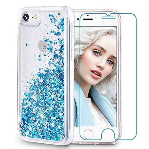 Maxdara iPhone 8 Case, iPhone 7 Glitter Liquid Women Case Tempered Glass Sreen Protector Floating Bling Sparkle Luxury Pretty Protective Girls Case iPhone 6 6s 7 8 4.7 inches (Blue)