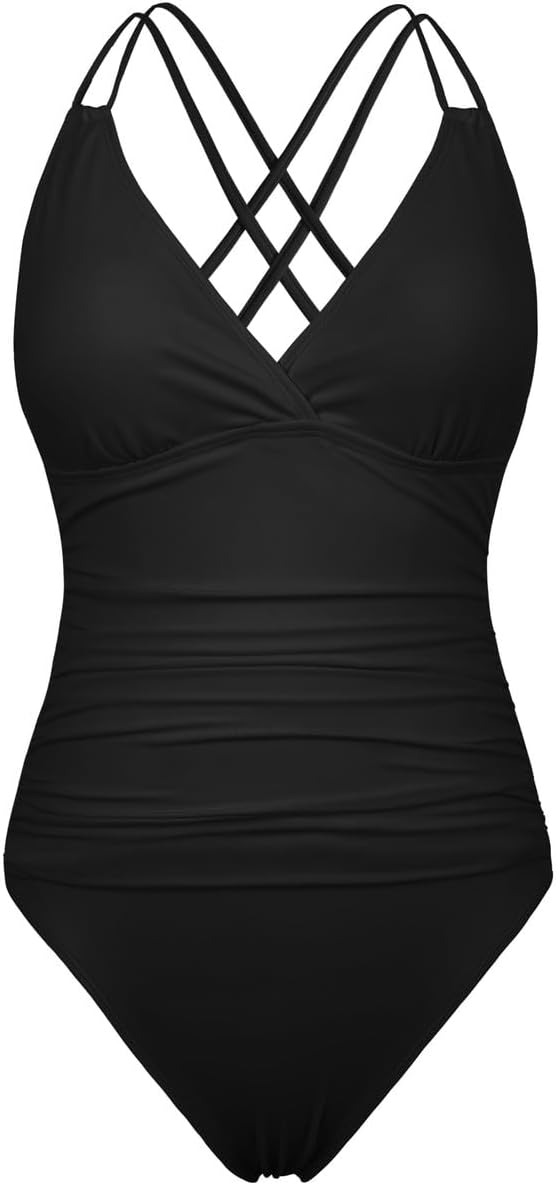 Hilor Women's Underwire One Piece Swimsuits Ruched V Neck Tummy Control Bathing Suit Criss Cross Monokini Swimwear - Image 3