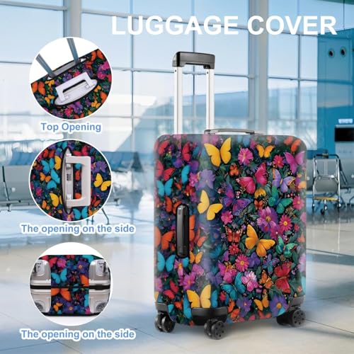 Image of Vibrant Butterfly and Floral Luggage Cover - Colorful Suitcase Protector for 20 to 22 Inch Luggage - Stretch Travel Cover with Nature-Inspired Design,S