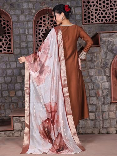 Image of EthnicJunction Women's Cotton Silk Embroidered Anarkali Kurta Palazzo with Digital Print Dupatta Set