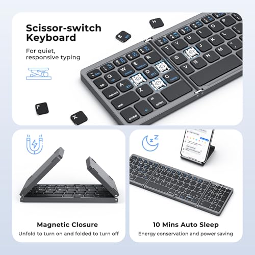 Image of Foldable Bluetooth Keyboard, Wireless Portable Keyboard with Numeric Keypad, Rechargeable Pocket-Sized Travel Keyboard for Windows, iOS, Android Smartphone, Tablet, and Laptop, Support 3 Devices