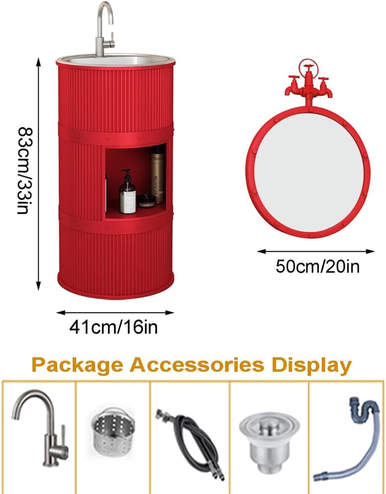 Freestanding Bathroom Sink, Modern Pedestal Sink with Storage, Industrial Style Vanity Basin, Floorstanding Design,Orange Bwith Mirror,Orange Bwith Mirror