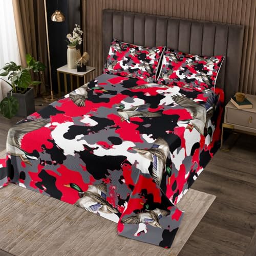 jejeloiu Red Mallard Duck Coverlet Set Queen Size Kids Wild Duck Hunting Quilted Coverlet for Boys Girls Teens Camouflage Camo Military Style Hunting Wild Animal Bedspread Room Decor