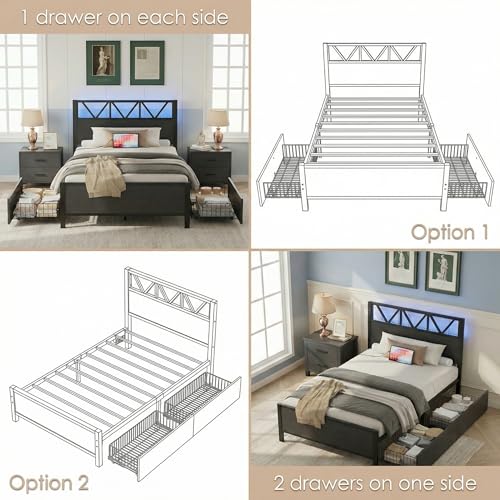 Image of LIKIMIO Twin Bed Frames with 2 Storage Drawers, Charging Station and LED Lights, Platform Twin Bed with Headboard, Strong Metal Slats, No Box Spring Needed, Easy Assembly, Noise-Free, Black