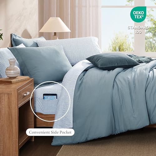 Monbix King Size Comforter Set - 7 Pieces Dusty Blue Prewashed Bed in a Bag King Bedding Sets with Comforters, All Seasons Ultra Soft Comforter Bed Set with Sheets,Pillowcases & Shams