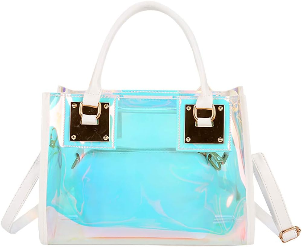 ✿ Womens 2 in 1 Transparent Sequin Tote Bag PVC Plastic Waterproof Crossbody Shoulder Bag with Adjustable Strap Stadium Bag + Cosmetic Bag Zipper Purse Girls Makeup Handbag
