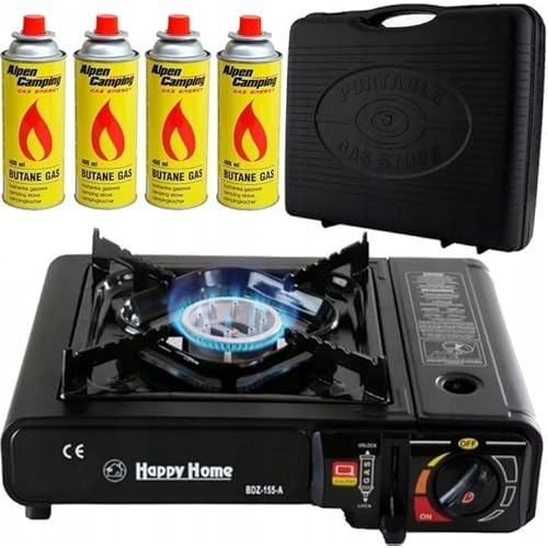 Butane Stove Portable Cooker in Carry Case 2 4 8 12 Gas Bottles Camping BBQ Kit Gas Camping Stove with Automatic Ignition & Heat Control (Gas Stove + 8 Butane Cans)