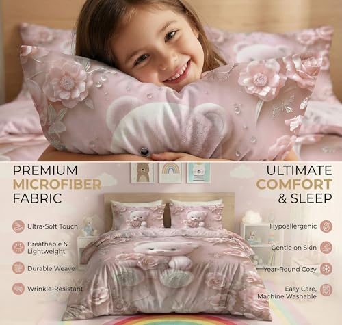 Image of HOMEKART Kids Cloud Cotton Bedsheet Double Bed | 210 TC Cartoon Printed Bedding Set with 2 Pillow Covers 7D | Soft, Wrinkle-Free | 108 x 108 Inches (Cute Teddy Bear Floral)
