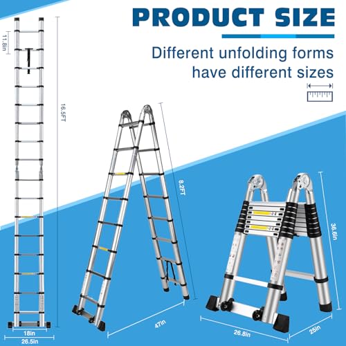 16.5 FT A Frame Telescoping Ladder, Adjustable Multi-Purpose Collapsible Extension w/Balance Bar & Wheels, Heavy Duty 330 lbs Max Capacity, Ideal for Home and Outdoor Work, Silver - Image 3