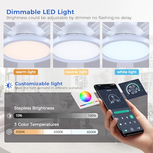 Ayaoty Ceiling Fans with Lights - 52in Flush Mount Ceiling Fan with RGB Dimmable, 3CCT 6 Wind Speeds and Reversible Quiet Motor, Low Profile RGB Fan Light for Modern Indoor, Party - White by Ayaoty - Used condition - Image 3