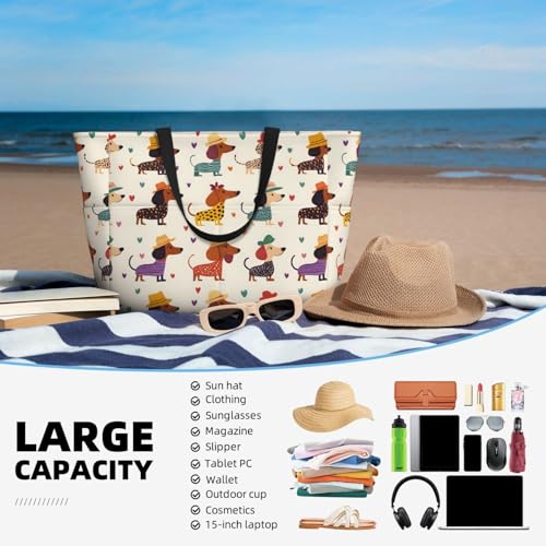 Large Beach Bags for Women Sandproof - Colorful Cute Dachshund Print Summer Work Travel Tote Bags with Zipper4