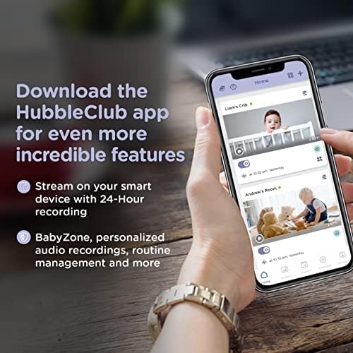 A hand holding a smartphone displaying the HubbleClub app interface, showing multiple camera feeds and activity logs.