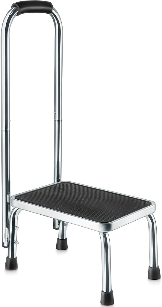 Step Stool with Handle for Adults Step stools with Handle for Elderly for Bed Chrome-Plated Steel Frame 330Lbs Capacity Use At Home Bathroom Kitchen