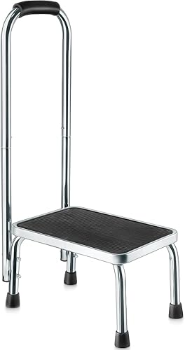 Step Stool with Handle for Adults Step stools with Handle for Elderly for Bed Chrome-Plated Steel Frame 330Lbs Capacity Use at Home Bathroom Kitchen