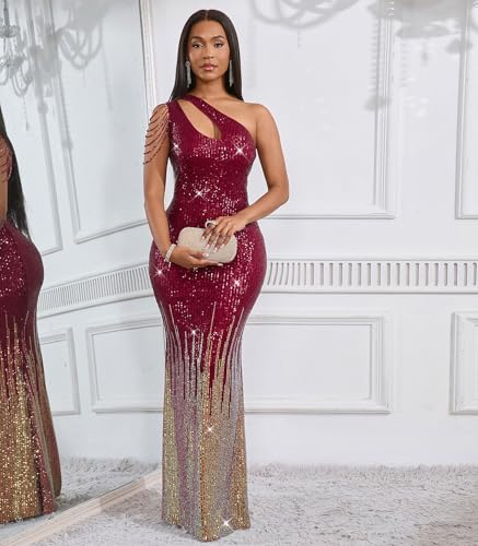 Image of Cololura Women Sequin Elegant Sexy One Shoulder Tassel Mermaid Bodycon Cocktail Evening Dress