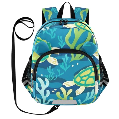 Kid's Backpack for Boys & Girls Toddler Bag Cute Green Turtles Backpack with Safety Leash