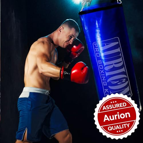 Image of Aurion by 10 Club 4 Feet Synthetic Leather Filled Punching Bag | Boxing Bag with Hanging Chain | Boxing | MMA | Muay Thai | Kickboxing |Taekwondo - Blue 4 Feet /48 Inches
