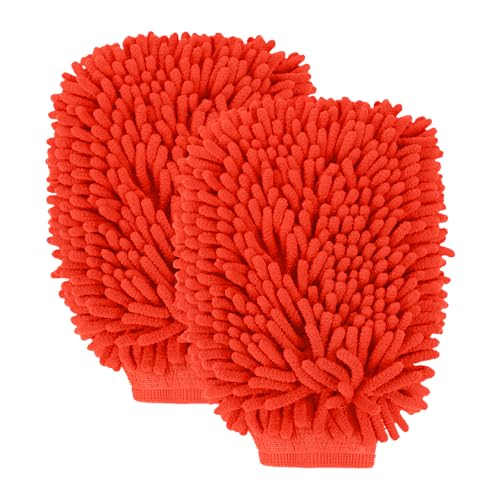 wuyaoyao 2PCS Car Wash Mitt, 10.14"×7.12" Chenille Microfiber Car Wash Mitts, Scratch-Free & Lint-Free, Absorbent Double Sided Clean Glove for Cars Cleaning, Auto Cleaning Supplies (Red)