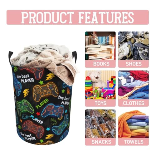 Image of Game Round Laundry Hamper Gaming Gamer Storage Basket Toys Clothes Organizer Bin For Home Bathroom Bedroom Dorm Nursery, 62l