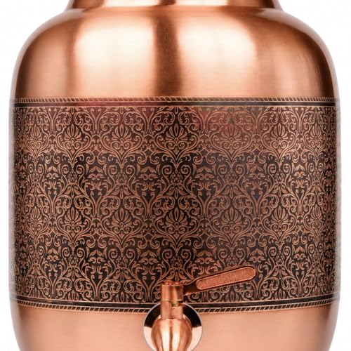 Image of Artarium Pure Copper Water Dispenser 8 Litre with Tap, Handcrafted Etched Hammered Matka Copper Water Storage Container, Ayurvedic Water Dispenser for Home, Kitchen, Office & Dining