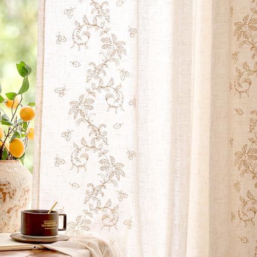 Image of jinchan Floral Linen Curtains, Back Tab 50x84 Inch, 2 Panels Beige