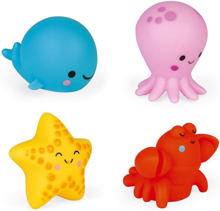 Janod Bath Time - 4 Adorable Sea Animal Squirters Whale Octopus Starfish and Lobster - Ages 10 Months+ - J04706,J04703