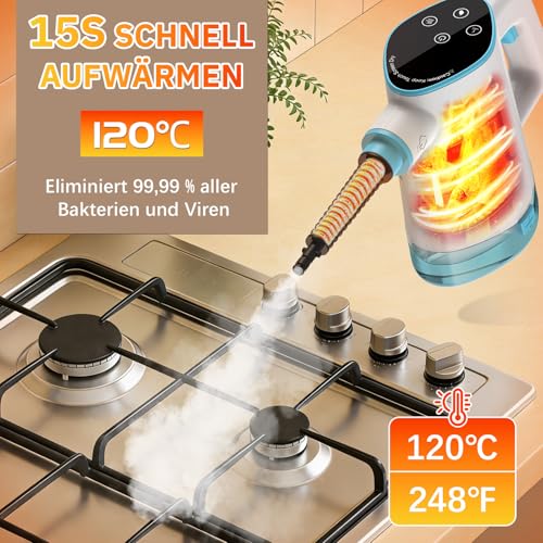 Dampfreiniger, Handdampfreiniger mit 12-Teiligem Zubehör, 450 ml Abnehmbare Tank, 15s Sofortaufheizung 1200W Mehrzweck Steam Cleaner,Chemiefrei Dampfreiniger für Haushalt, Küche, Bad, Fenster, Auto