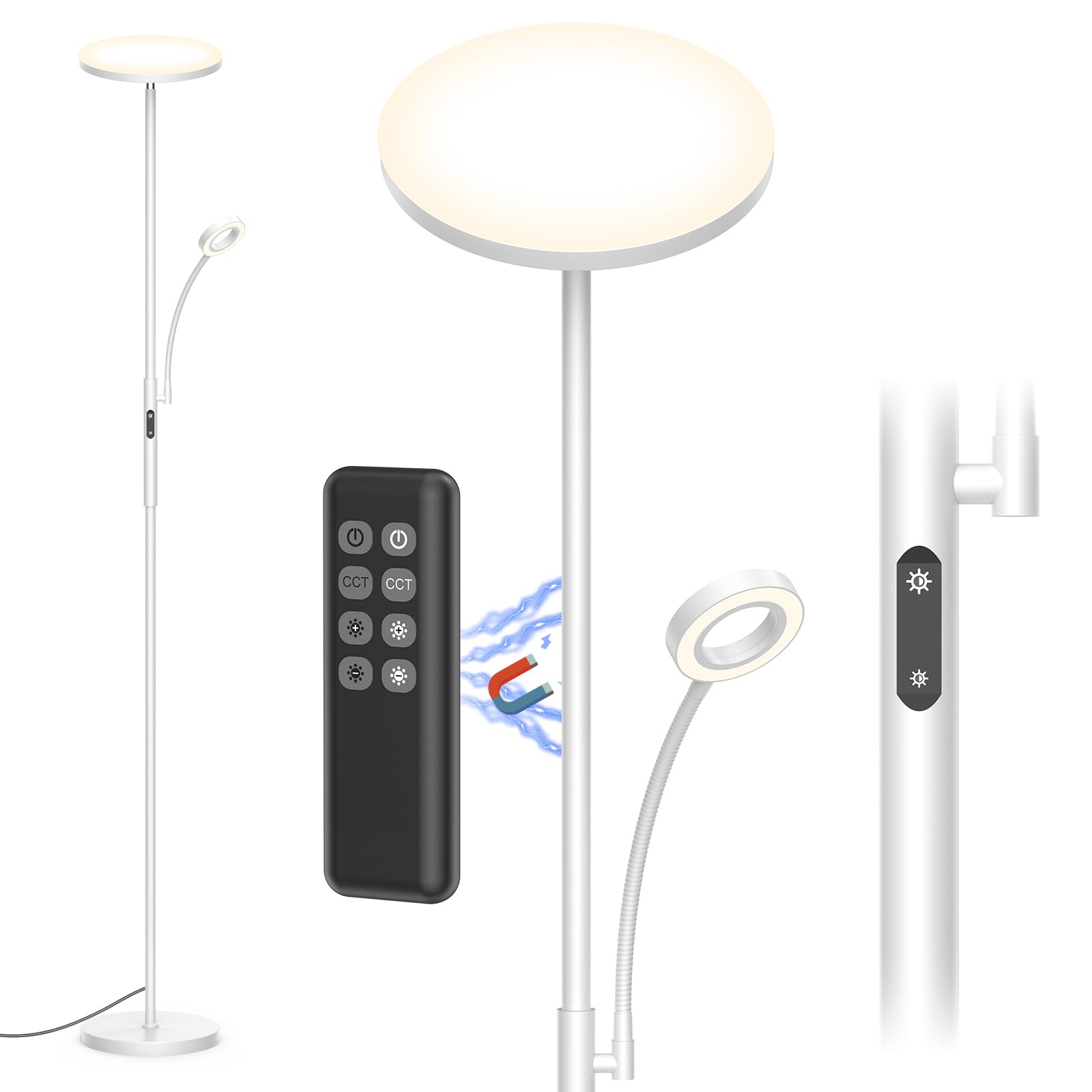 Lampara de Pie LED Salón Regulable, 4200LM 35W Lámpara de Pie Moderna con Lámpara de Lectura Ajustable, 3000K-6000K Lamparas Gris con Control Remoto, Táctil y Función Memoria para Dormitorio, Oficina